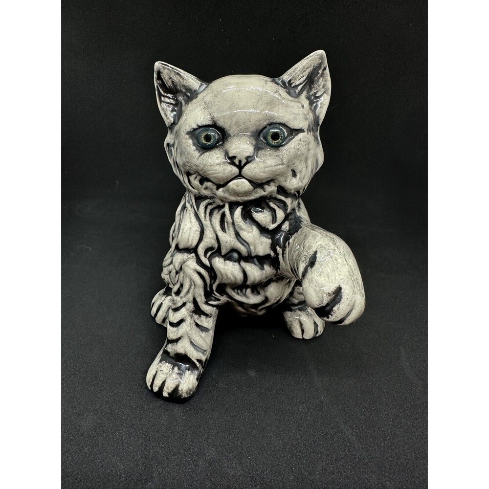 Vintage Ceramic Black Kitten Kitty Cat Scary Eyes Spooky Paw Up Grey Witchy